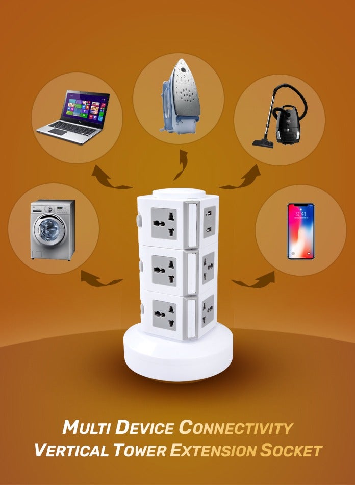 MODI 3-Tier Vertical Tower Power Strip with 2 USB Ports – Surge Protector, 110V–250V, Flame-Resistant, Compact Desk Charging Station - Image 5