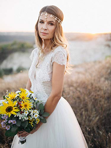 Doubnine DoubleNine Gold Flower Boho Bridal Headpiece Pendant Forehead Head Chain Headband Retro Hair Accessories Headpiece Head Dress for Women Bride Wedding Jewelry (gold) - Image 4