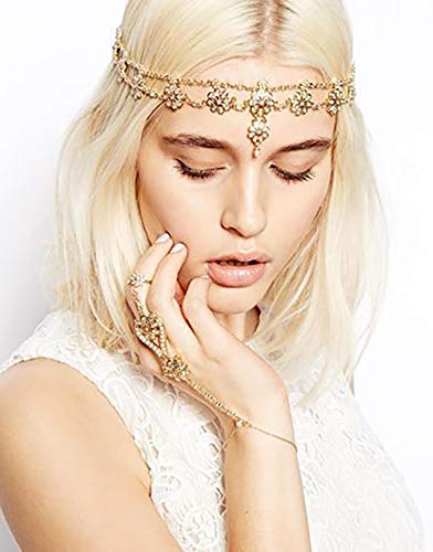 Doubnine DoubleNine Gold Flower Boho Bridal Headpiece Pendant Forehead Head Chain Headband Retro Hair Accessories Headpiece Head Dress for Women Bride Wedding Jewelry (gold) - Image 2