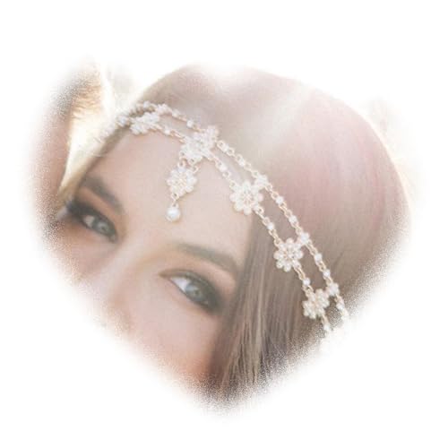 Doubnine DoubleNine Gold Flower Boho Bridal Headpiece Pendant Forehead Head Chain Headband Retro Hair Accessories Headpiece Head Dress for Women Bride Wedding Jewelry (gold) - Image 1