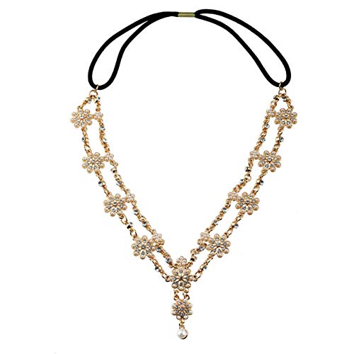 Doubnine DoubleNine Gold Flower Boho Bridal Headpiece Pendant Forehead Head Chain Headband Retro Hair Accessories Headpiece Head Dress for Women Bride Wedding Jewelry (gold) - Image 5
