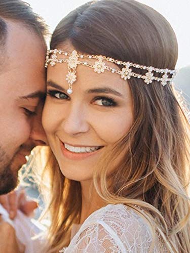 Doubnine DoubleNine Gold Flower Boho Bridal Headpiece Pendant Forehead Head Chain Headband Retro Hair Accessories Headpiece Head Dress for Women Bride Wedding Jewelry (gold) - Image 3