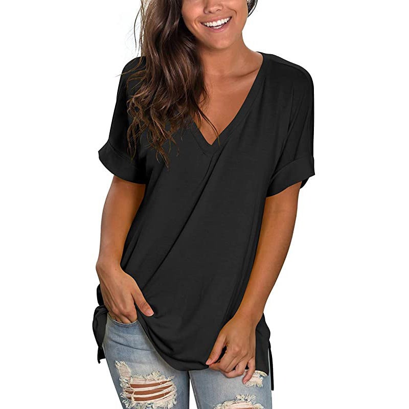 Export 2024 Popular V Neck Pure Color Short-Sleeved Top Loose Women'S T-Shirt - Image 3