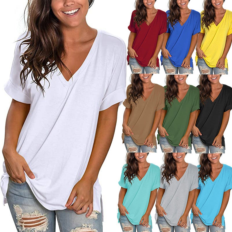 Export 2024 Popular V Neck Pure Color Short-Sleeved Top Loose Women'S T-Shirt - Image 2