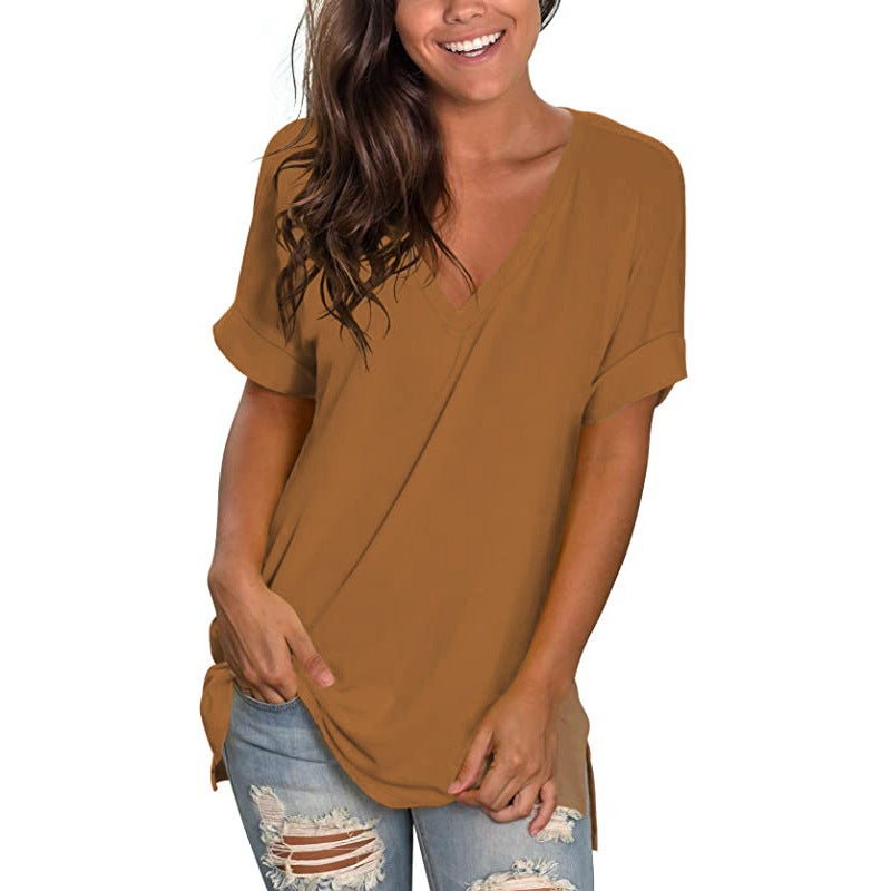 Export 2024 Popular V Neck Pure Color Short-Sleeved Top Loose Women'S T-Shirt - Image 5