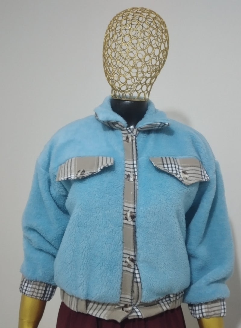 Puritopia Blue Sky Bottuned Fur Jacket, Beige Spaces, White And Black Stripes - Image 2