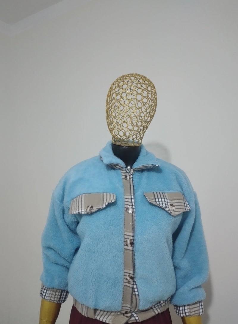 Puritopia Blue Sky Bottuned Fur Jacket, Beige Spaces, White And Black Stripes - Image 1