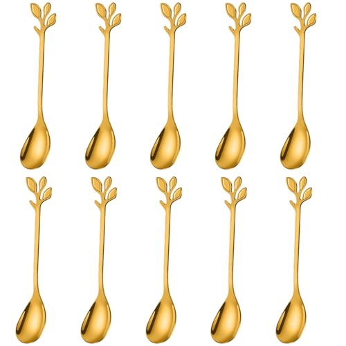 AnSaw Elegant Gold Leaf Coffee Spoons - 10-Piece, 4.7" Mini Stainless Steel Espresso & Dessert Tea Spoons, Perfect for Demitasse & Small Servings - Image 1