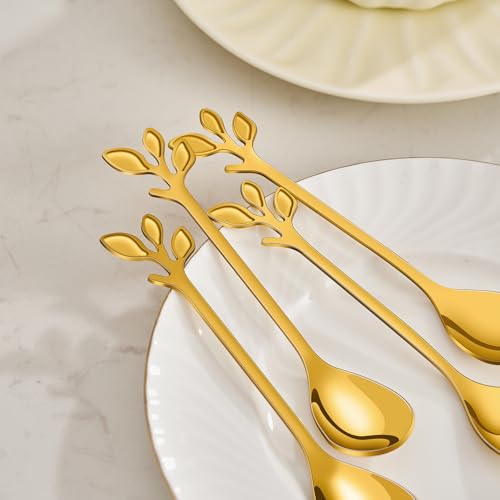AnSaw Elegant Gold Leaf Coffee Spoons - 10-Piece, 4.7" Mini Stainless Steel Espresso & Dessert Tea Spoons, Perfect for Demitasse & Small Servings - Image 3