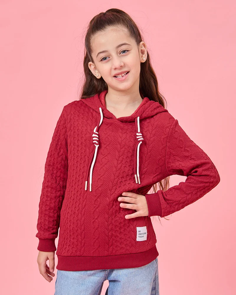 Redtag Girls Burgundy Knitted Hooded Pullover