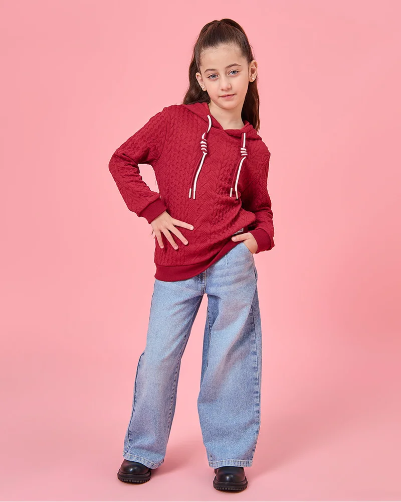Redtag Girls Burgundy Knitted Hooded Pullover
