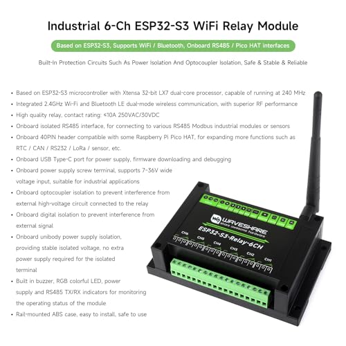Waveshare وحدة ريلاي وايف شير الصناعية 6 قنوات ESP32-S3 WiFi، تدعم التحكم عبر WiFi/Bluetooth/RS485، مع واجهات RS485 / Pico HAT على اللوحة، مع دوائر حماية عزل متعددة - Image 3