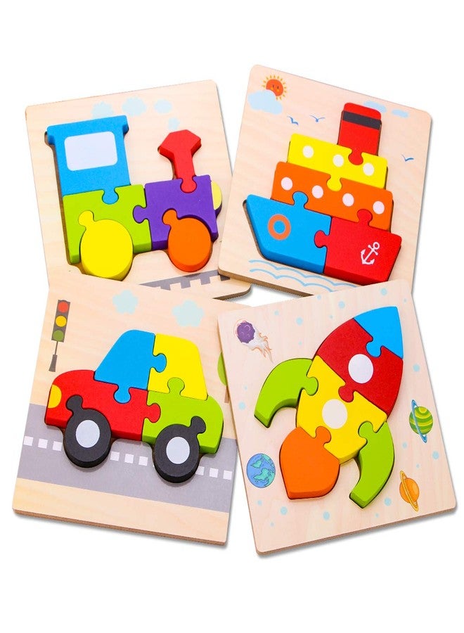 SKYFIELD Wooden Vehicle Toddler Puzzles for 1 2 3 Years Old Boys & Girls, Baby STEM Educational Toy Gift with 4 Vehicles Montessori Learning Puzzles, Bright Vibrant Color Shapes - Image 1