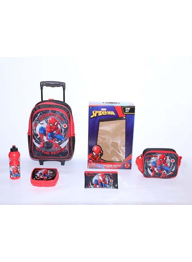 MARVEL Spider Man 5 in 1 Value Pack (16" Trolley Bag with Lunch Box, Lunch bag, Water Bottle and Pencil Case) - Image 1