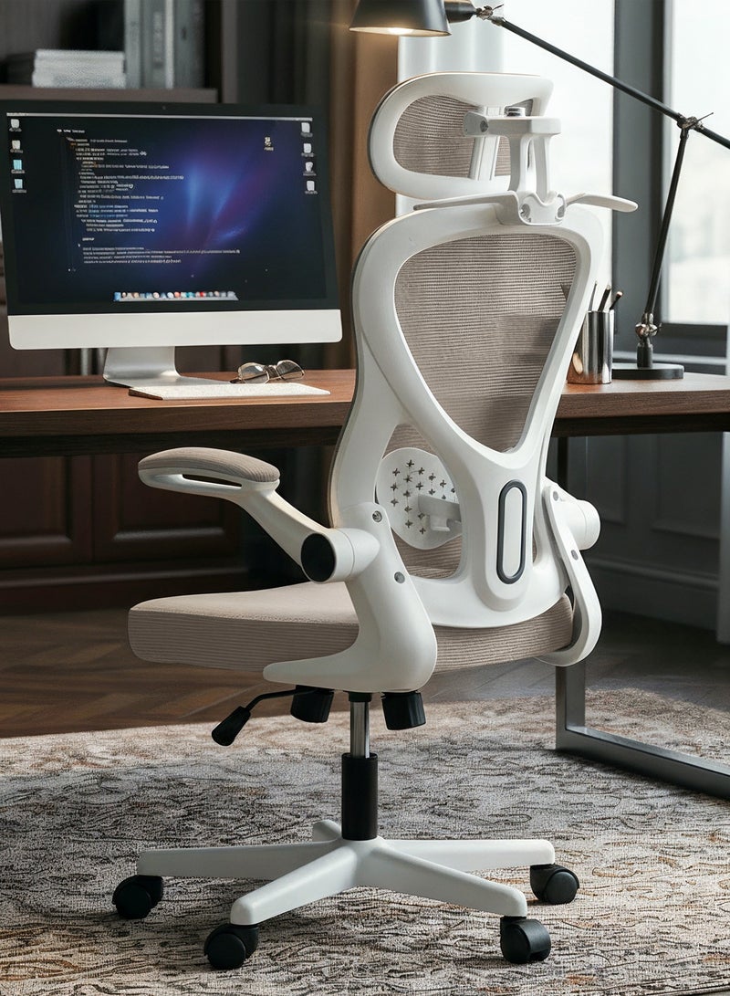 دراجو كرسي مكتب مريح ممتاز للعمل من المنزل، كرسي كمبيوتر عالي الظهر مع شبكة، مسند ذراع قابل للطي، مسند رأس، استلقاء، مقعد قابل للتعديل ودعم أسفل الظهر | كرسي شبكي للمكتب باللون الرمادي - Image 1