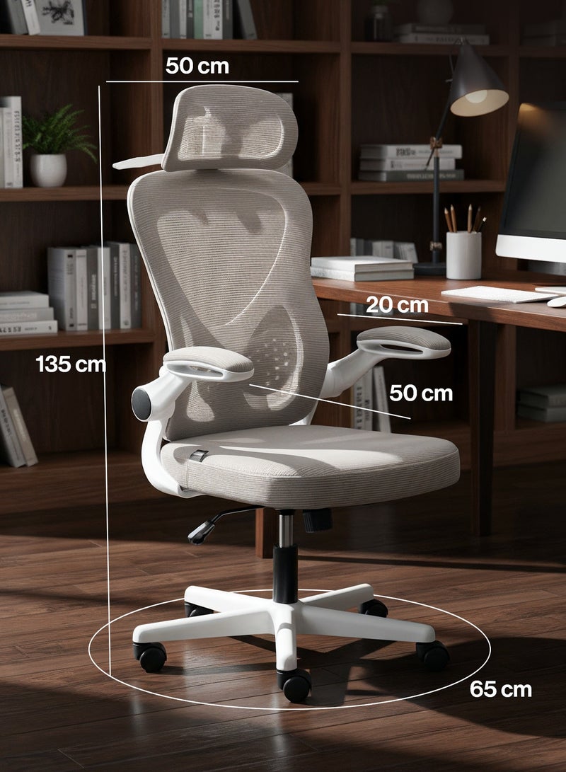 دراجو كرسي مكتب مريح ممتاز للعمل من المنزل، كرسي كمبيوتر عالي الظهر مع شبكة، مسند ذراع قابل للطي، مسند رأس، استلقاء، مقعد قابل للتعديل ودعم أسفل الظهر | كرسي شبكي للمكتب باللون الرمادي - Image 3