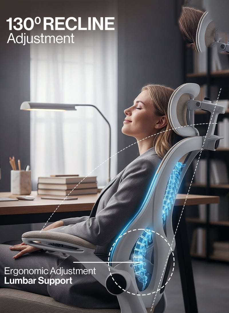 دراجو كرسي مكتب مريح ممتاز للعمل من المنزل، كرسي كمبيوتر عالي الظهر مع شبكة، مسند ذراع قابل للطي، مسند رأس، استلقاء، مقعد قابل للتعديل ودعم أسفل الظهر | كرسي شبكي للمكتب باللون الرمادي - Image 4