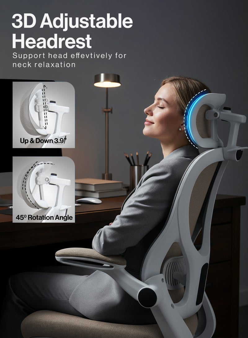 دراجو كرسي مكتب مريح ممتاز للعمل من المنزل، كرسي كمبيوتر عالي الظهر مع شبكة، مسند ذراع قابل للطي، مسند رأس، استلقاء، مقعد قابل للتعديل ودعم أسفل الظهر | كرسي شبكي للمكتب باللون الرمادي - Image 5