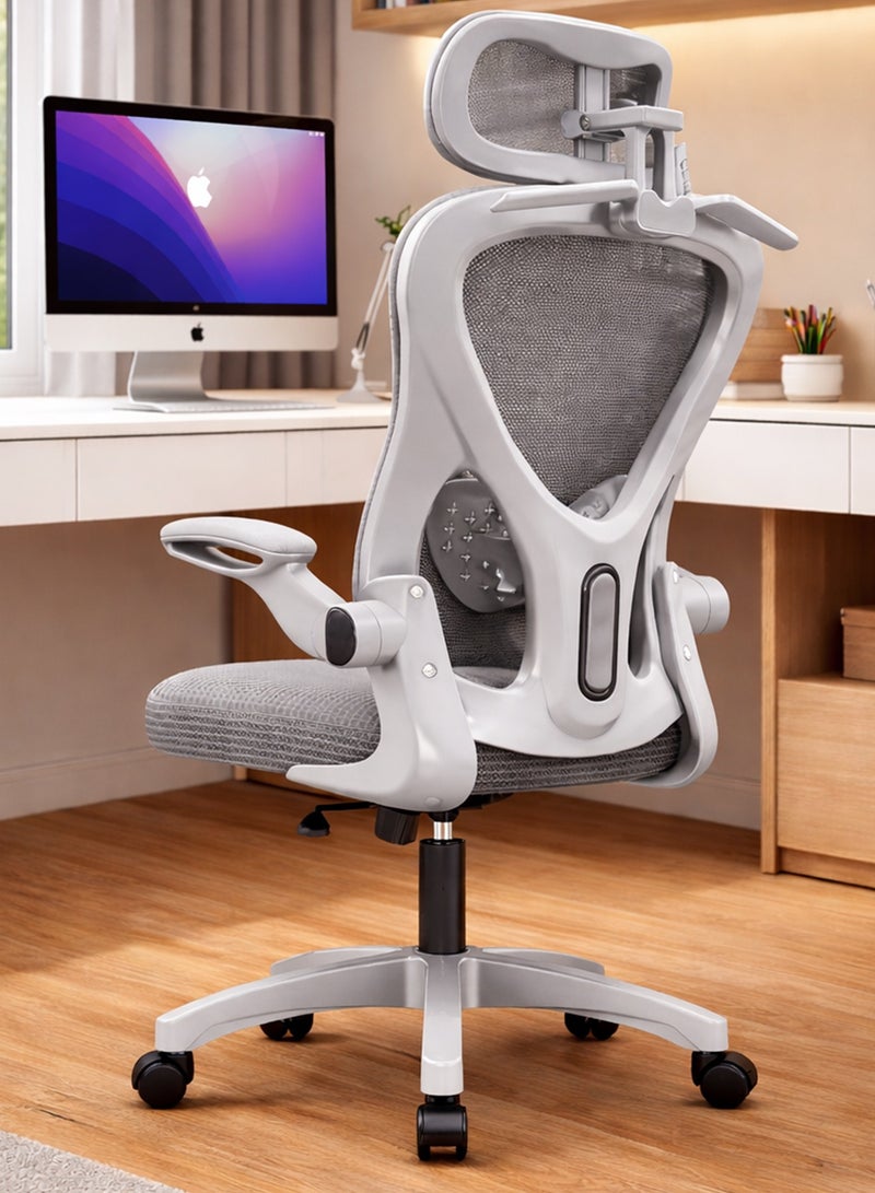 DROGO Premium Ergonomic Office Chair for Work from Home, High Back Computer Chair with Mesh, Flip-up Armrest, Headrest, Recline, Adjustable Seat & Lumbar Support | Mesh Chair for Office Grey - Image 1