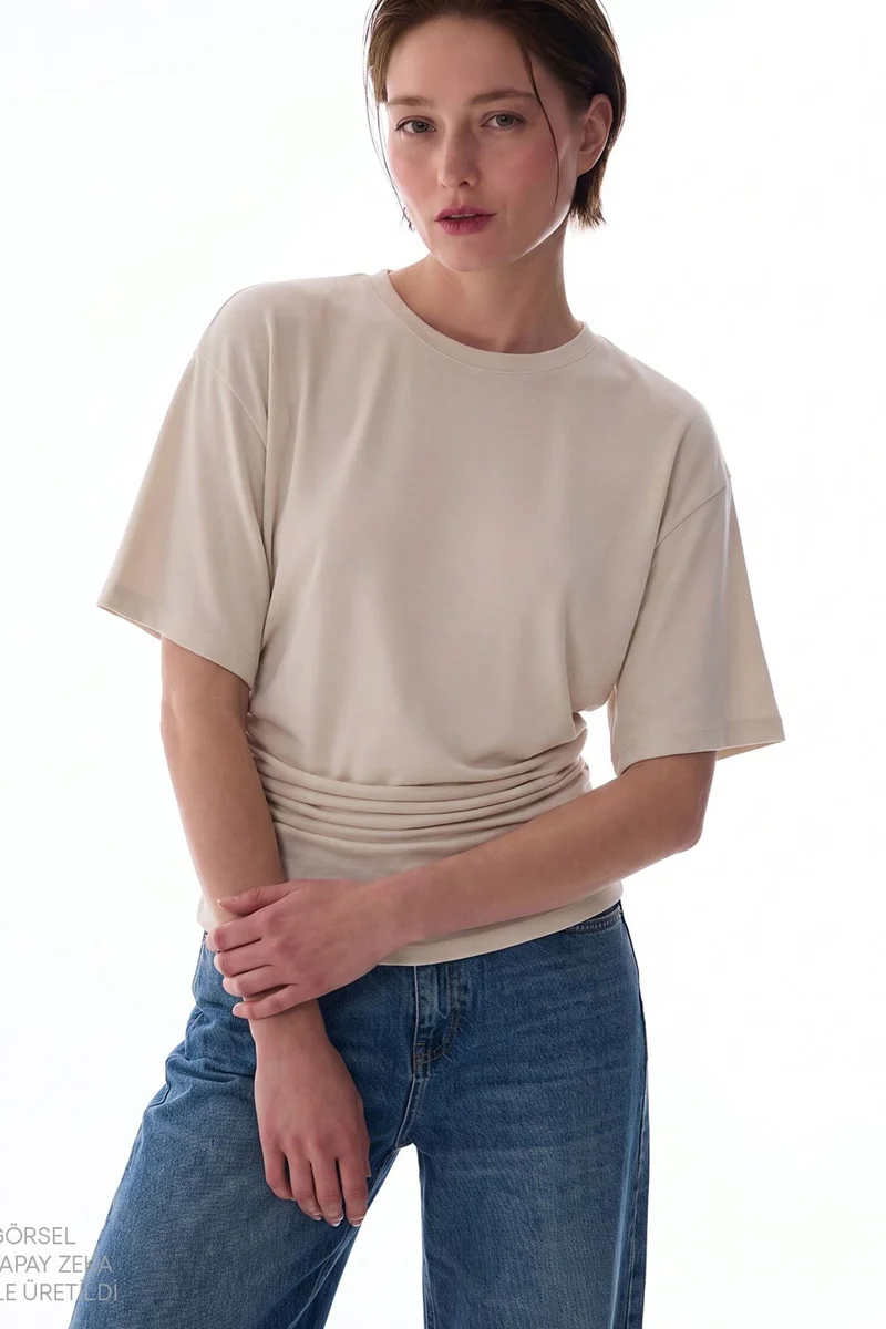 بنتي PENTI Women's Modal Waist Detail Textured T-Shirt With Gathers