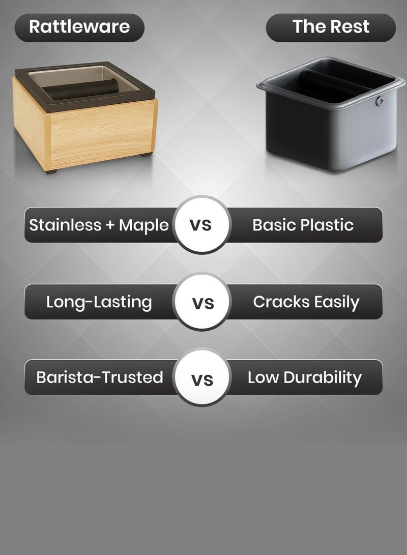 Rattleware Stainless Steel Coffee Knock Box  (7.5" x 7" x 4")Heavy-Duty Espresso Grounds Container, Waste Bin with Welded Bar, Non-Slip Base, Durable Barista Coffee Tool - Image 4