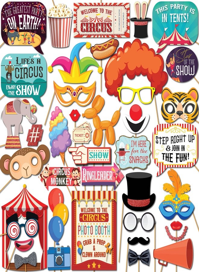 Outside The Booth Carnival Photo Booth Props - 41-pc Photobooth Kit with 8 x 10-Inch Sign, 60 Adhesive Pads, 45 Sticks - Circus Theme Party Decorations - Carnival Backdrop - Image 1