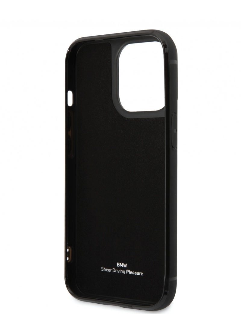 بي إم دبليو حافظة من الجلد الطبيعي من مجموعة توقيعات مع نمط منقوش بفتحة للبطاقات - ايفون 14 برو - أسود - Image 4