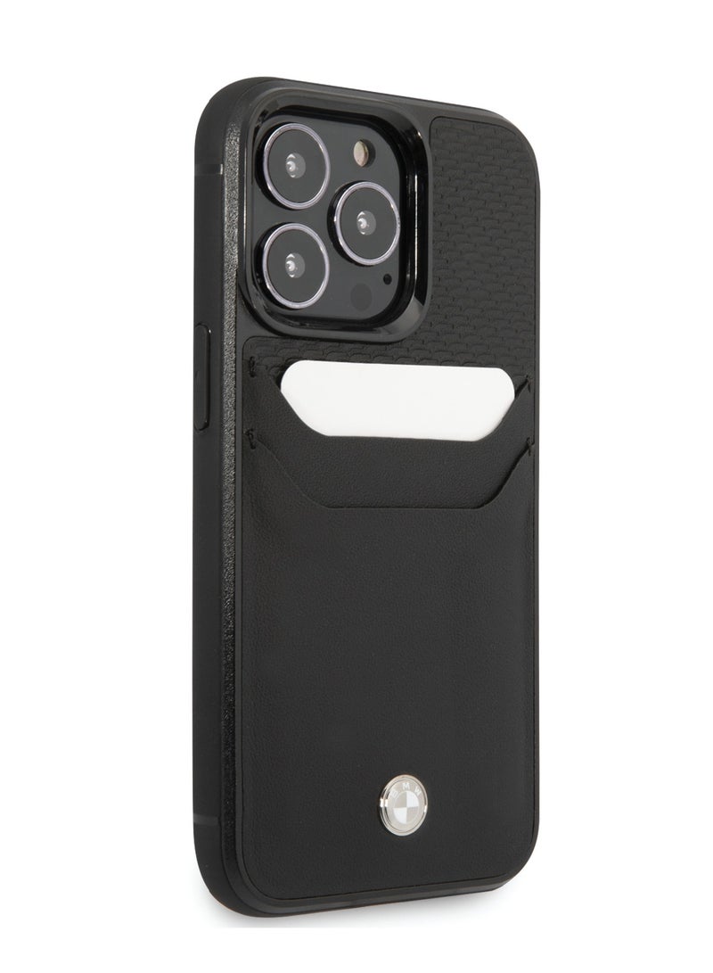 بي إم دبليو حافظة من الجلد الطبيعي من مجموعة توقيعات مع نمط منقوش بفتحة للبطاقات - ايفون 14 برو - أسود - Image 1