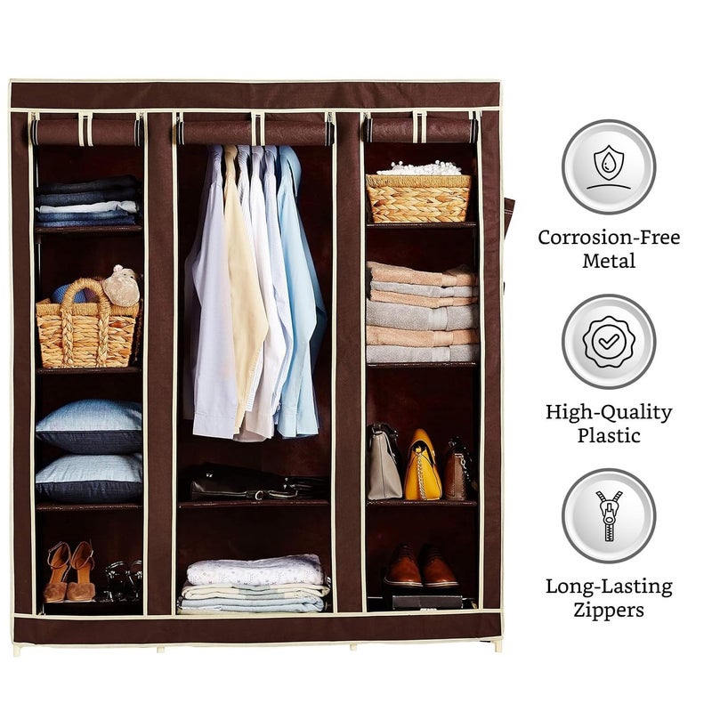 OBBO Portable 3-Door Foldable Wardrobe Closet – Fabric, Plastic & Iron Storage Organizer with Shelves & Hanging Rod | 10-Rack Lightweight Closet for Clothes, Shoes & Accessories - Image 1