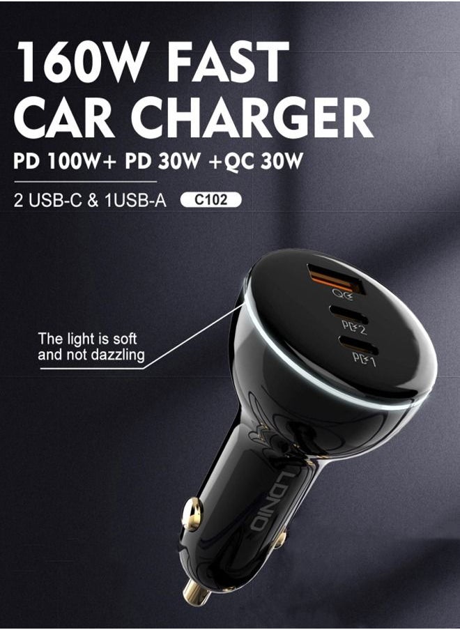 160W Super Fast Car Charger Fast Charging 3-Port USB Car Power Adapter With 100W USB C Cable Car Fast Charger Plug for Macbook Laptop iPad Tablets iPhone /Samsung/ Huawei/ Xiaomi/ Oneplus, etc 