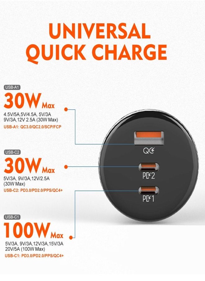 LDNIO شاحن سيارة فائق السرعة 160 وات، محول طاقة للسيارة مزود بـ 3 منافذ USB مع كابل USB C بقدرة 100 وات، قابس شاحن سريع لأجهزة Macbook والكمبيوتر المحمول iPad والأجهزة اللوحية iPhone /Samsung/ Huawei/ Xiaomi/ Oneplus، إلخ  - Image 2