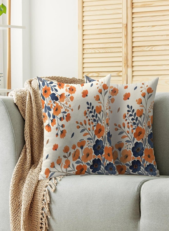 Smozenith Blue Burnt Orange Fall Floral Pillow Covers 18X18 Set of 2, Autumn Colored Themed Flower Decorative Throw Pillowcases Holiday Seasonal Outdoor Farmhouse Cushion Cases Couch Sofa Bed Home Decor - Image 2
