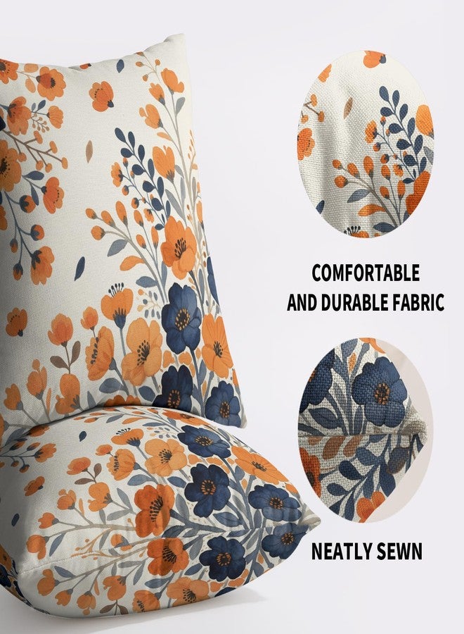 Smozenith Blue Burnt Orange Fall Floral Pillow Covers 18X18 Set of 2, Autumn Colored Themed Flower Decorative Throw Pillowcases Holiday Seasonal Outdoor Farmhouse Cushion Cases Couch Sofa Bed Home Decor - Image 5