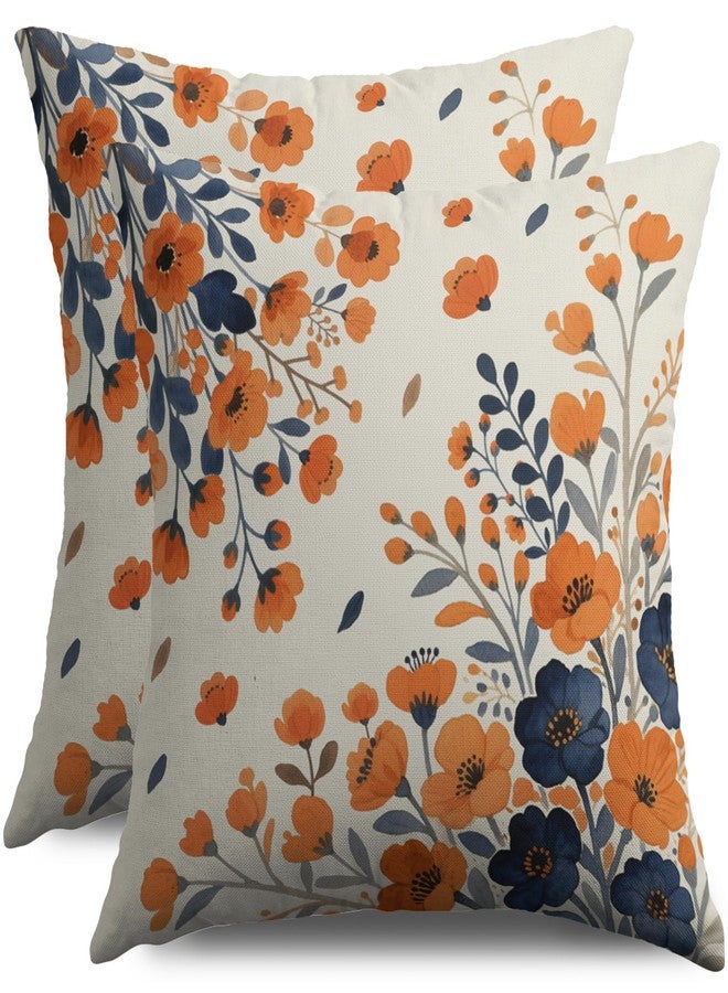 Smozenith Blue Burnt Orange Fall Floral Pillow Covers 18X18 Set of 2, Autumn Colored Themed Flower Decorative Throw Pillowcases Holiday Seasonal Outdoor Farmhouse Cushion Cases Couch Sofa Bed Home Decor - Image 1