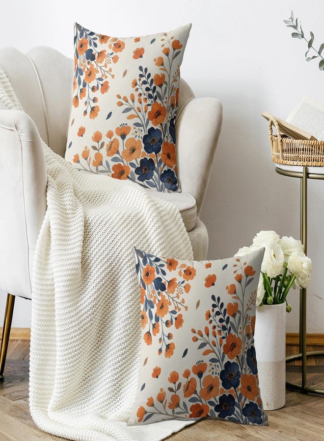 Smozenith Blue Burnt Orange Fall Floral Pillow Covers 18X18 Set of 2, Autumn Colored Themed Flower Decorative Throw Pillowcases Holiday Seasonal Outdoor Farmhouse Cushion Cases Couch Sofa Bed Home Decor - Image 3
