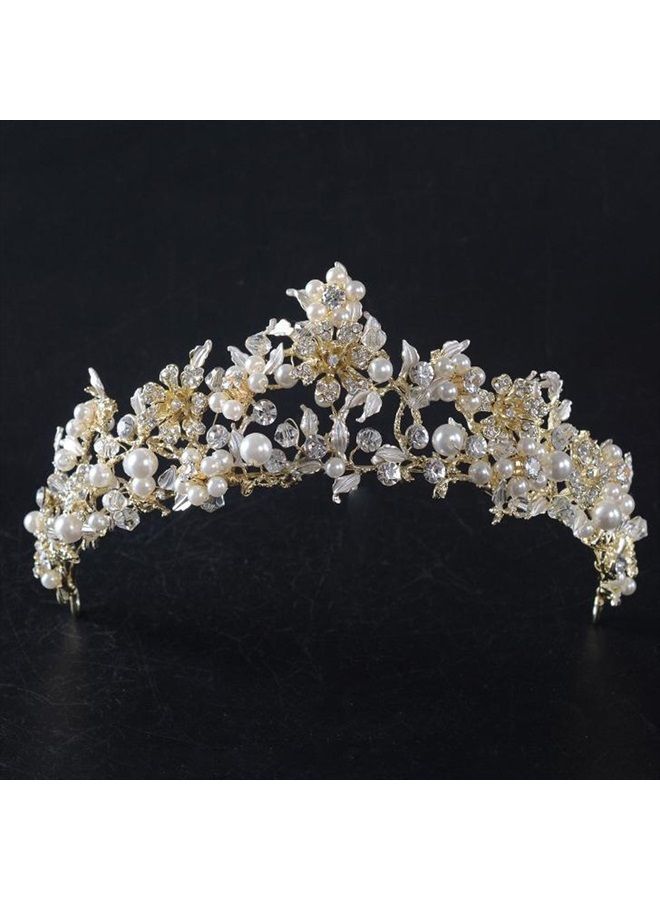 FXmimior Vintage Gold Flower Bead Bridal Wedding Crown Headband Women Crystal Tiara Headpiece Wedding Hair Accessories - Image 1