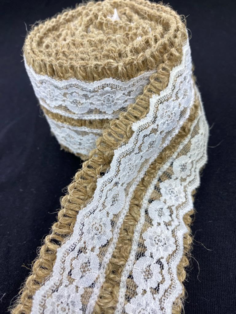 PCJS - 5 Meter Cotton Soft Premium Natural Jute Burlap Ribbon with White Lace and Jute Twine for DIY Projects, Party Décor, Gift-Wrapping, Vintagee Wedding Home Décor, Scrapbooking - 5 Mtr - Image 4