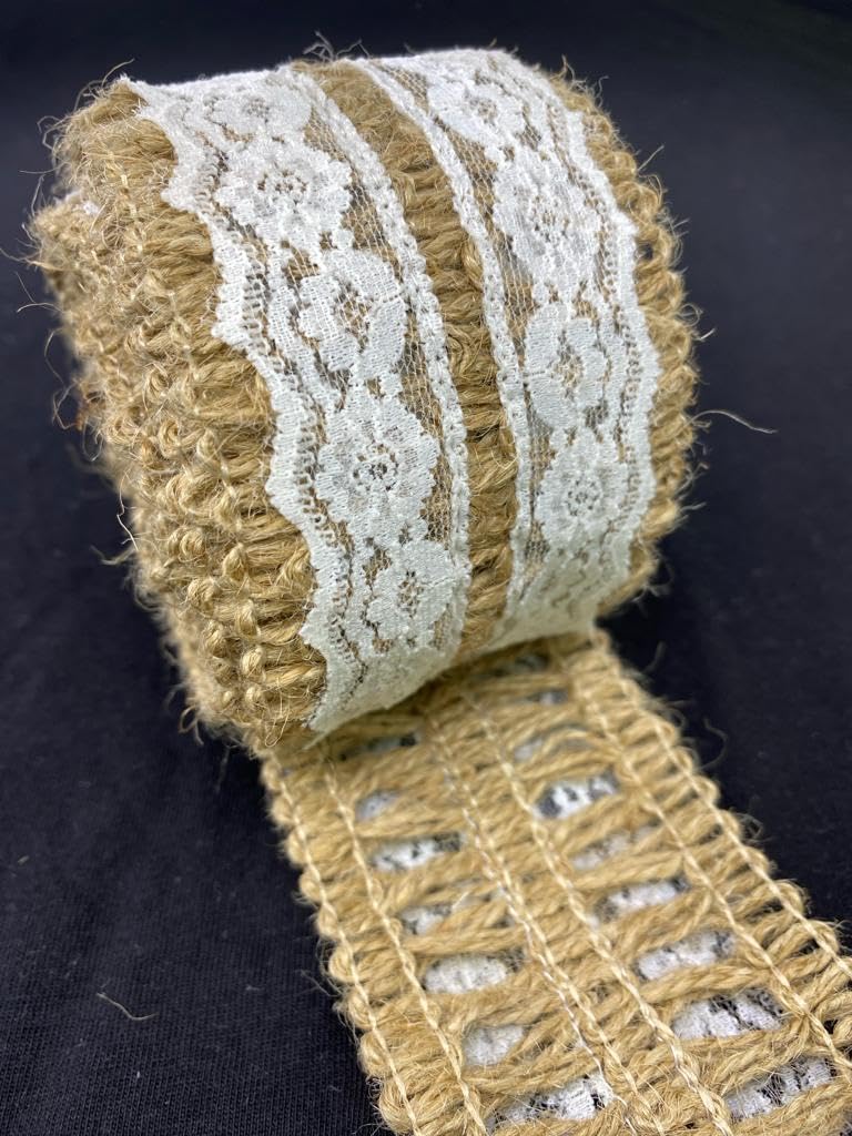 PCJS - 5 Meter Cotton Soft Premium Natural Jute Burlap Ribbon with White Lace and Jute Twine for DIY Projects, Party Décor, Gift-Wrapping, Vintagee Wedding Home Décor, Scrapbooking - 5 Mtr - Image 1