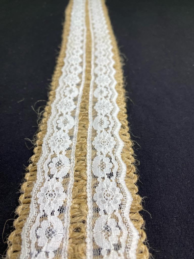 PCJS - 5 Meter Cotton Soft Premium Natural Jute Burlap Ribbon with White Lace and Jute Twine for DIY Projects, Party Décor, Gift-Wrapping, Vintagee Wedding Home Décor, Scrapbooking - 5 Mtr - Image 3