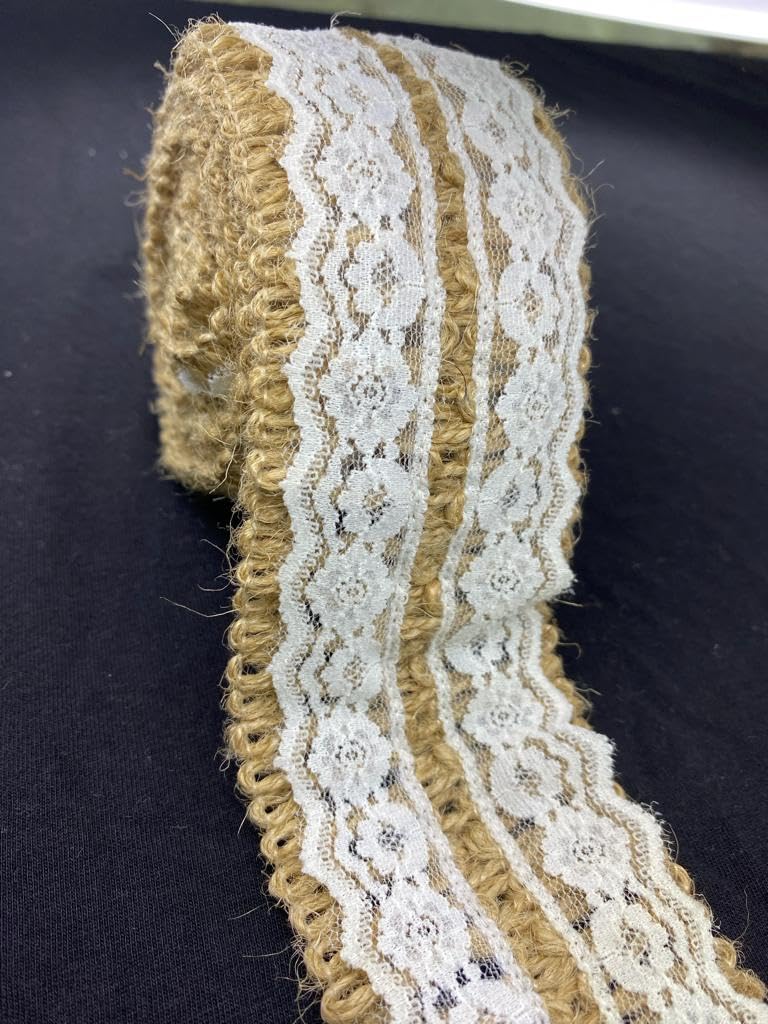 PCJS - 5 Meter Cotton Soft Premium Natural Jute Burlap Ribbon with White Lace and Jute Twine for DIY Projects, Party Décor, Gift-Wrapping, Vintagee Wedding Home Décor, Scrapbooking - 5 Mtr - Image 5