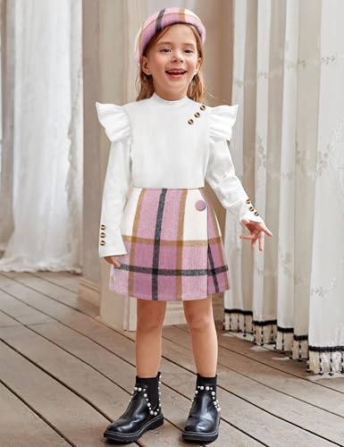 Aulyffo 4t Girl Clothes 3t Girls Outfits White Ruffle Shirt Button Long Sleeve Tops + Pink Plaid Mini Skirt Shorts + Cute Hat 3Pcs Toddler Girl Clothes Skort Sets - Image 3