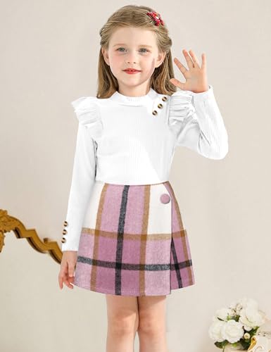 Aulyffo 4t Girl Clothes 3t Girls Outfits White Ruffle Shirt Button Long Sleeve Tops + Pink Plaid Mini Skirt Shorts + Cute Hat 3Pcs Toddler Girl Clothes Skort Sets - Image 2