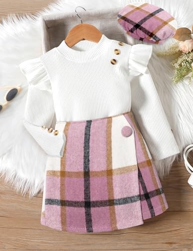 Aulyffo 4t Girl Clothes 3t Girls Outfits White Ruffle Shirt Button Long Sleeve Tops + Pink Plaid Mini Skirt Shorts + Cute Hat 3Pcs Toddler Girl Clothes Skort Sets - Image 4