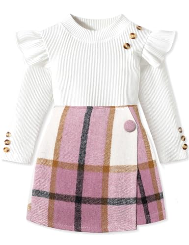 Aulyffo 4t Girl Clothes 3t Girls Outfits White Ruffle Shirt Button Long Sleeve Tops + Pink Plaid Mini Skirt Shorts + Cute Hat 3Pcs Toddler Girl Clothes Skort Sets - Image 1