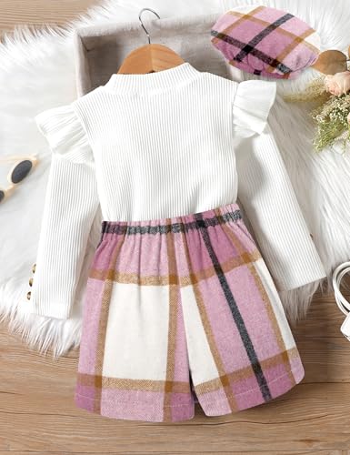 Aulyffo 4t Girl Clothes 3t Girls Outfits White Ruffle Shirt Button Long Sleeve Tops + Pink Plaid Mini Skirt Shorts + Cute Hat 3Pcs Toddler Girl Clothes Skort Sets - Image 5