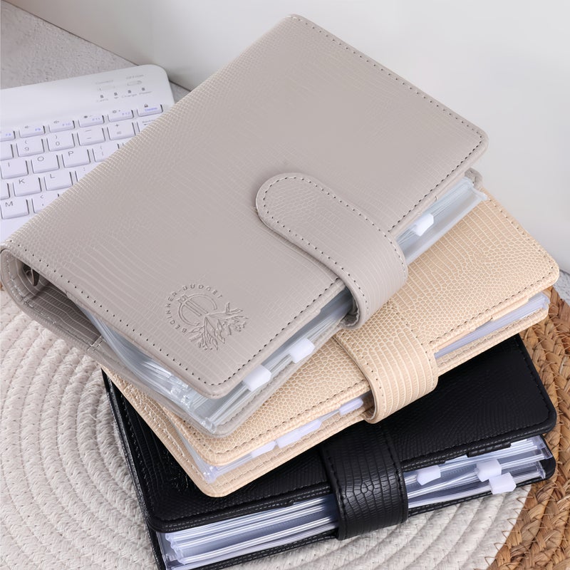Beige Lizard Print Faux Leather Budget Binder With 8 Zipper Envelopes And 12 Budget Writing Papers For Office Work School And Daily Use - Image 1