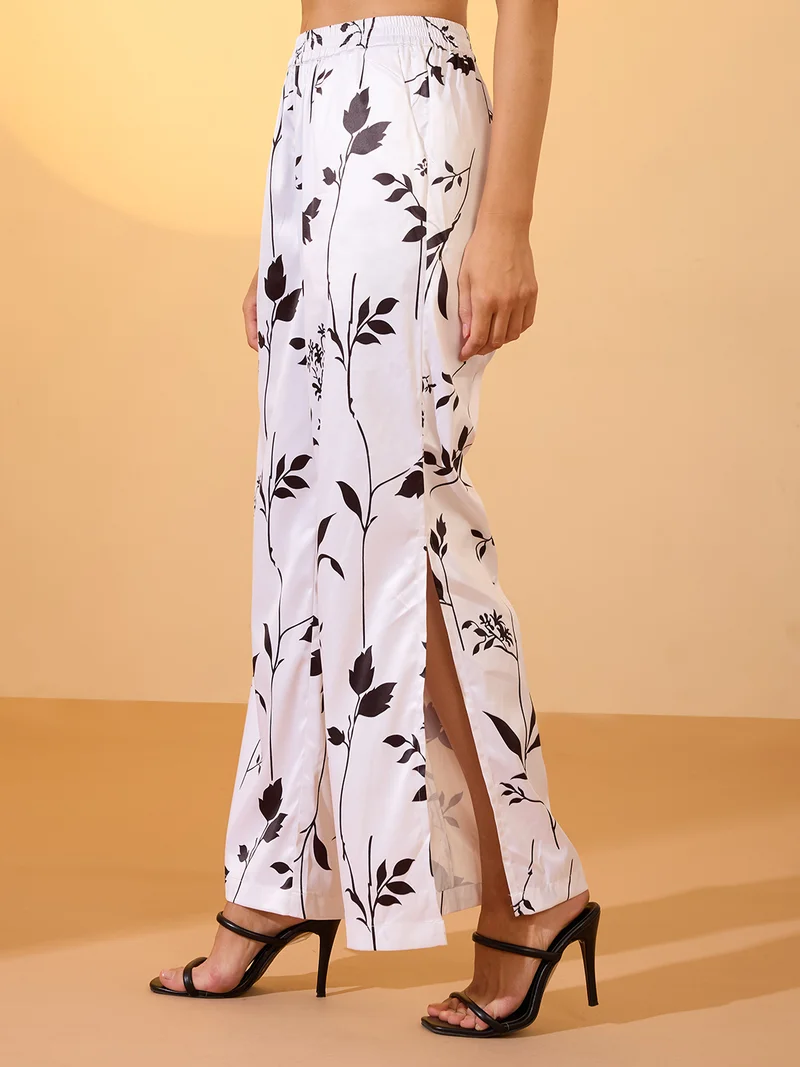 globus Women White Tropical Print Mid-Rise Satin Elasticated Wide Leg Resort Trousers