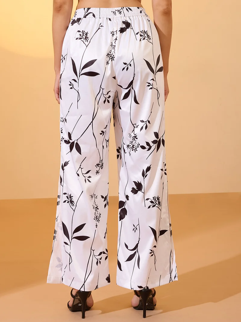 globus Women White Tropical Print Mid-Rise Satin Elasticated Wide Leg Resort Trousers