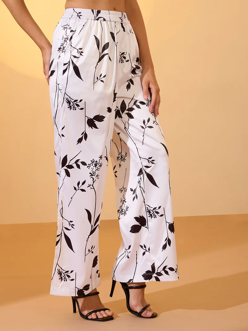 globus Women White Tropical Print Mid-Rise Satin Elasticated Wide Leg Resort Trousers