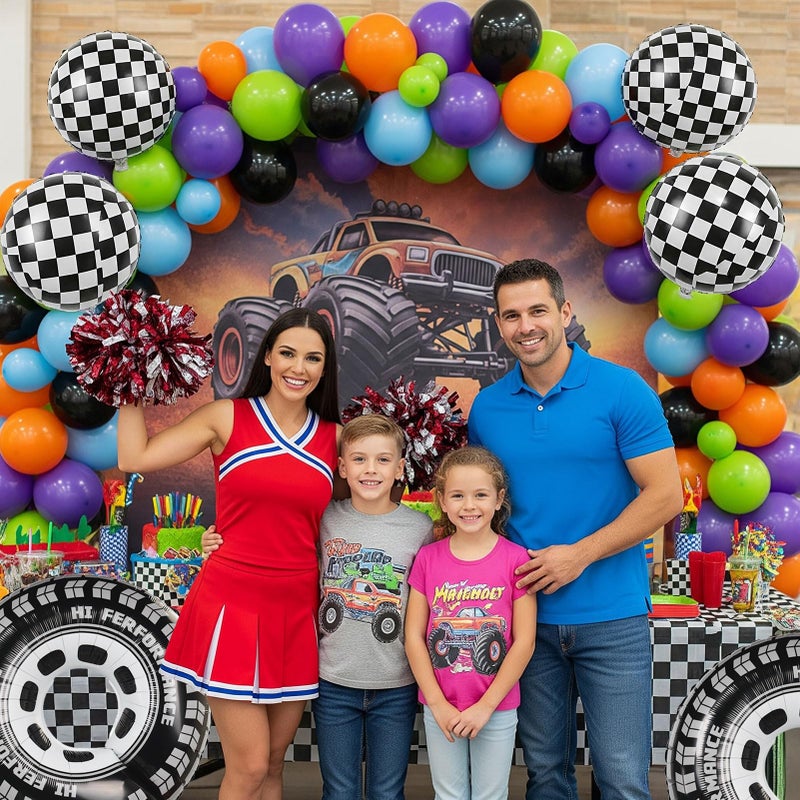 froufing Monster Truck Theme Balloon Garland Arch Kit vibrant Orange Green Purple with Big Wheels checkered star mylar foil balloons For Kids fast one Boy Birthday Race Car construction theme Party Decorations - Image 4